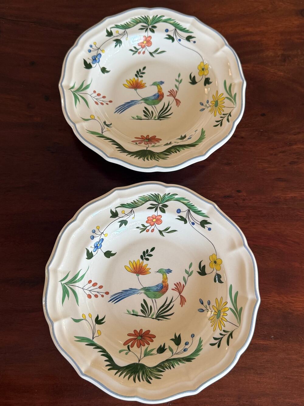 2 Gien Oiseaux de Paradis Bird of Paradise luncheon plates 9"
